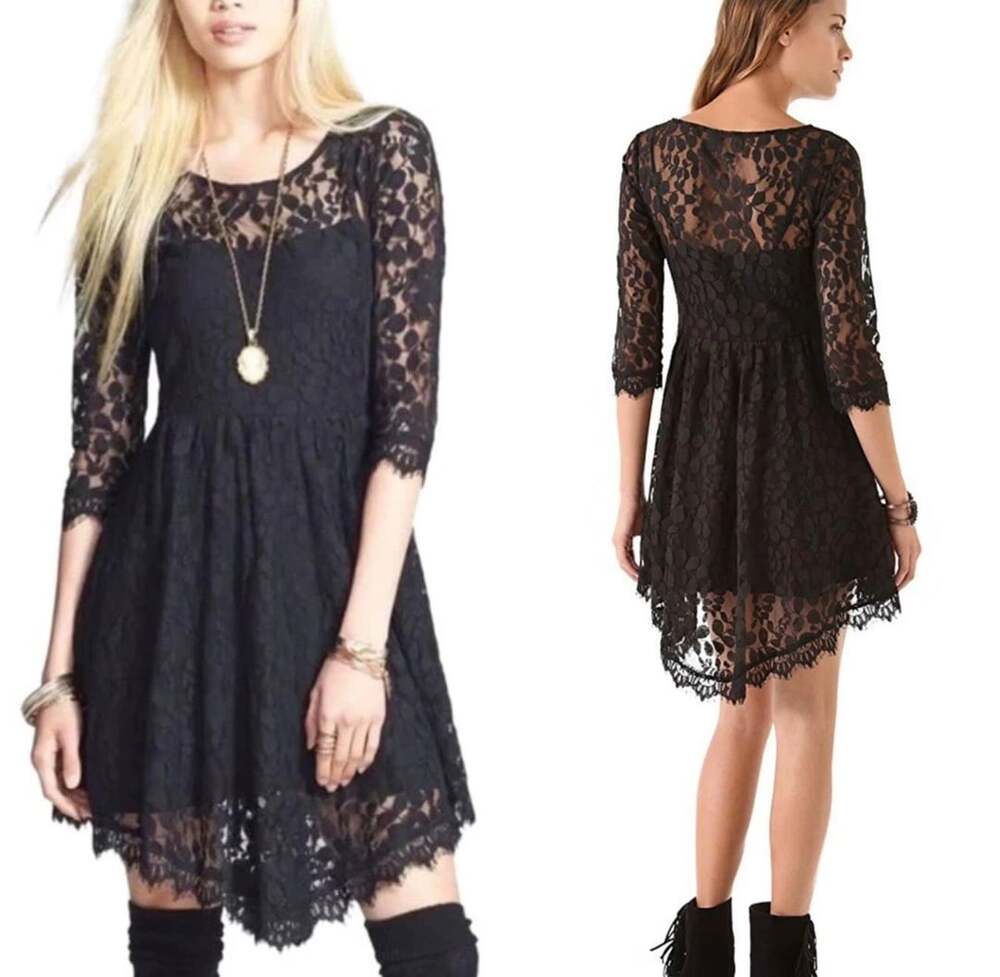 Free People Black Floral Mesh Lace 3/4 Sleeve Asymmetrical Mini Dress small